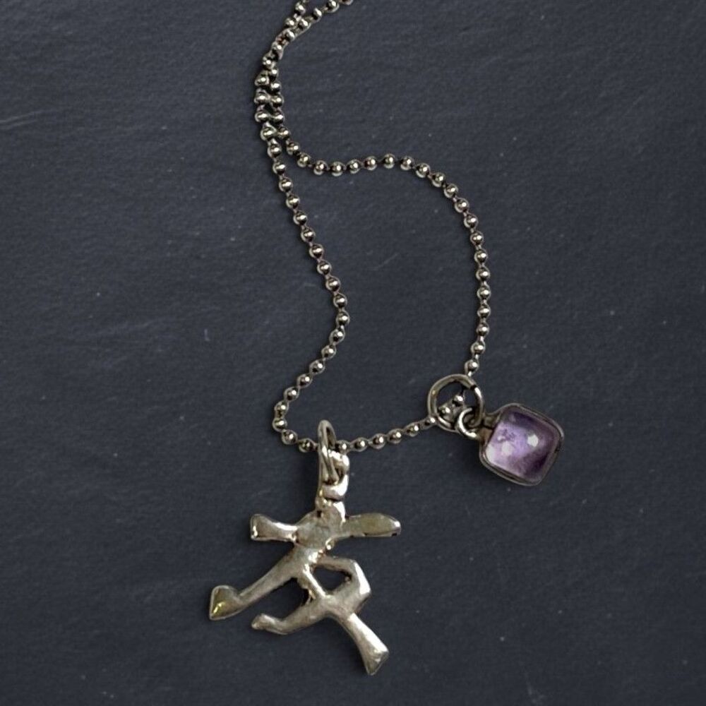 VTG 925 Silver Necklace Asian Character Dainty Purple Charm Ball Bead Chain